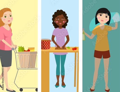 Housewifes homemaker woman banners cute cleaning cartoon girl housewifery female wife character vector illustration.