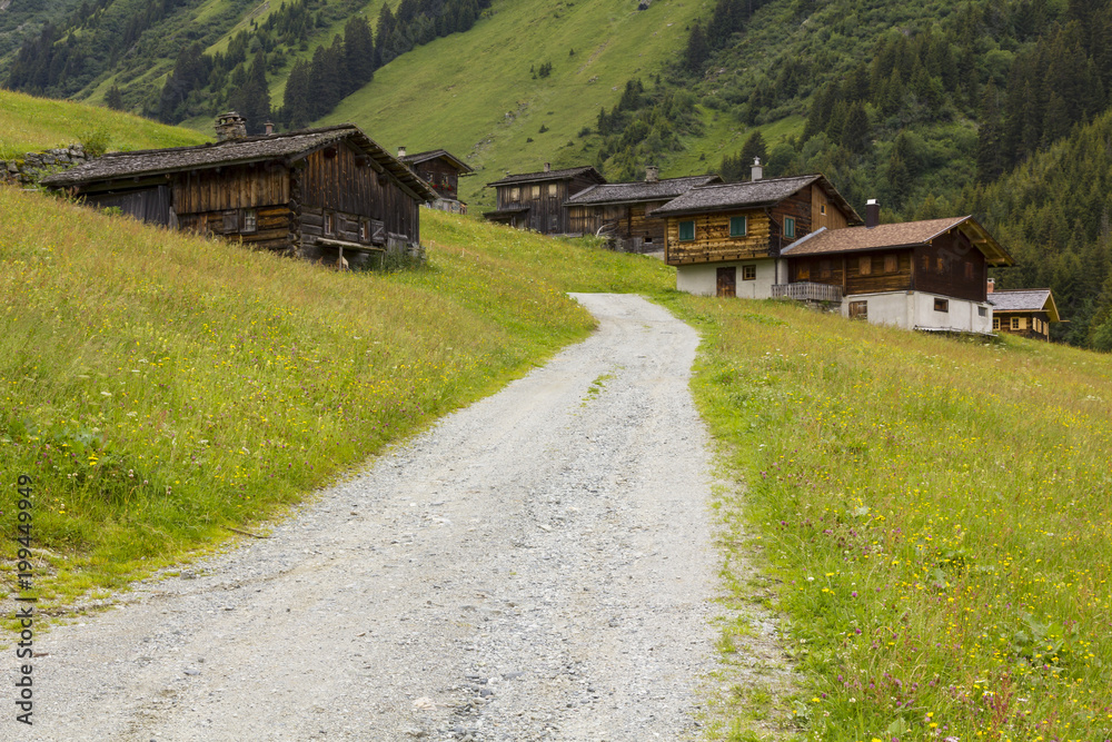 Alps scene with mountain village in Montafon, Austria
