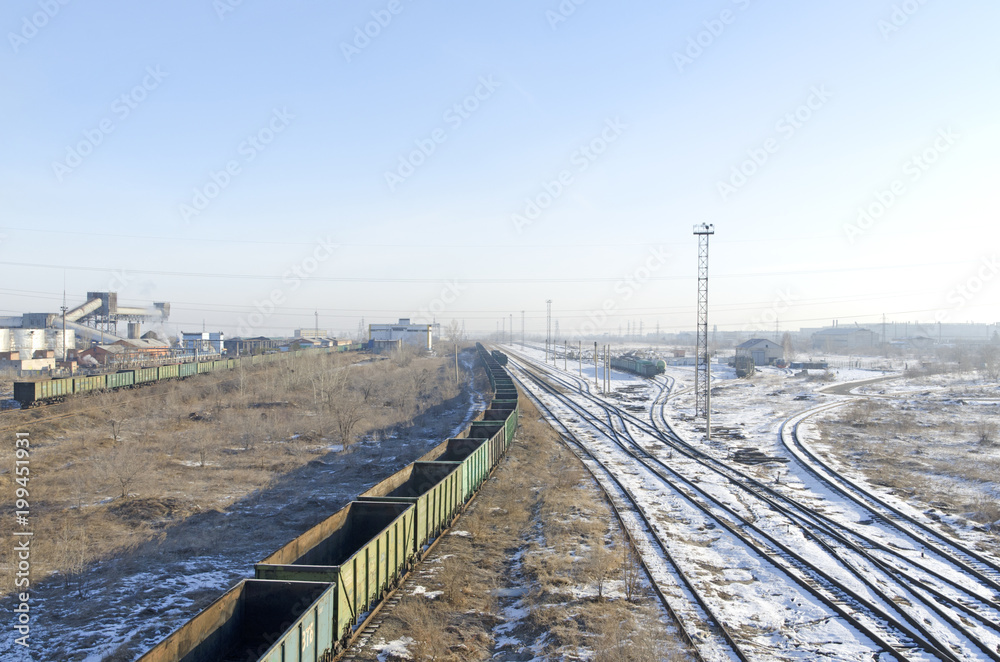 railway interchange in the industrial area of the city. Russia. Siberia.