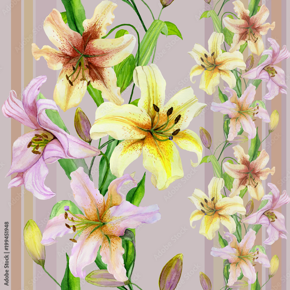 Obraz premium Beautiful lily flowers with green leaves on pastel striped background. Seamless floral pattern. Straight and narrow. Watercolor painting. Hand painted illustration.