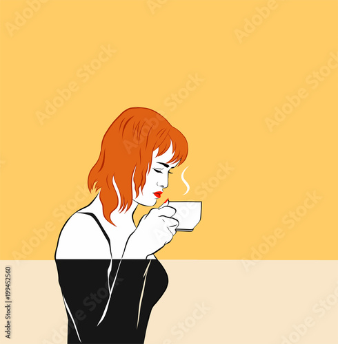 A red-haired girl sniffing coffee, cup by the face