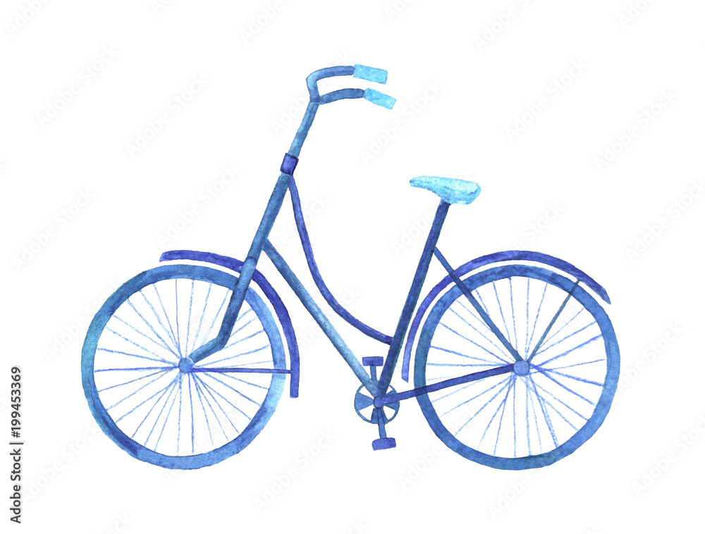 Watercolor bike. Monochrome illustration in blue.