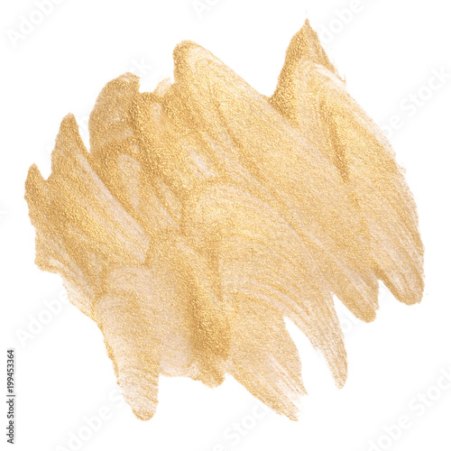paint stain gold painted with a brush with a texture. shiny gold dust paint. design element. on white background isolated.