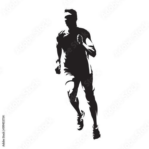 Running man, front view, healthy lifestyle, isolated vector silhouette. Run, athletics