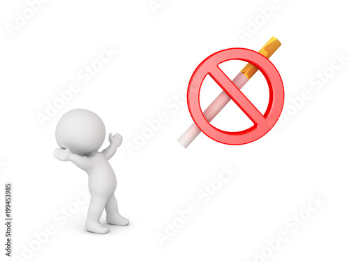 3D Character looking up happy at no smoking symbol
