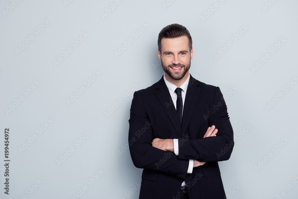People occupation leadership profession concept. Portrait of cheerful excited confident handsome smart intelligent modern with stylish hairdo expert representative isolated on gray background People occupation leadership profession concept. Portrait of cheerful excited confident handsome smart intelligent modern with stylish hairdo expert representative isolated on gray background