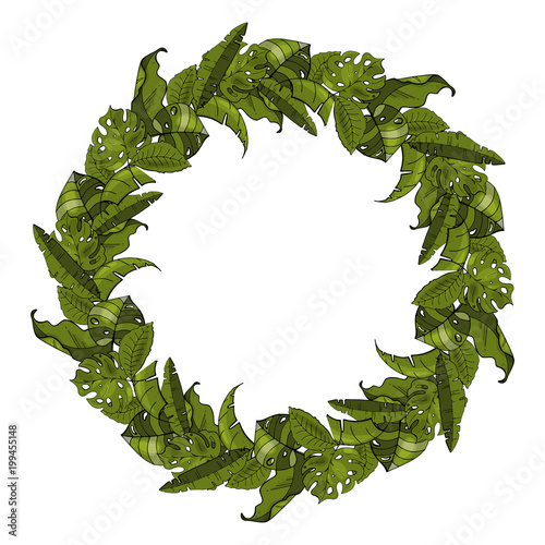 Hand drawn wreath of tropical leaves. Plants, exotic leaves. White background isolated. Invitation or card design. Vector