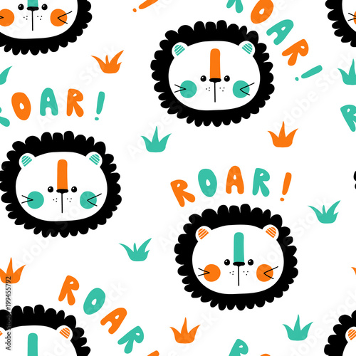 Fototapeta Naklejka Na Ścianę i Meble -  Vector seamless background pattern with cute baby lions
