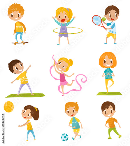 Kids doing different kinds of sports set, skateboarding, tennis, gymnastics, yoga, basketball, football vector Illustrations on a white background