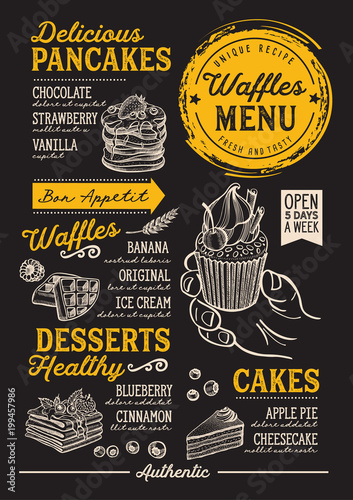Waffles and crepes restaurant menu. Vector pancake food flyer for bar and cafe. Design template with vintage hand-drawn illustrations.