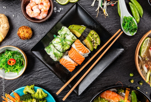 Asian Sushi variation with many kinds of meals.