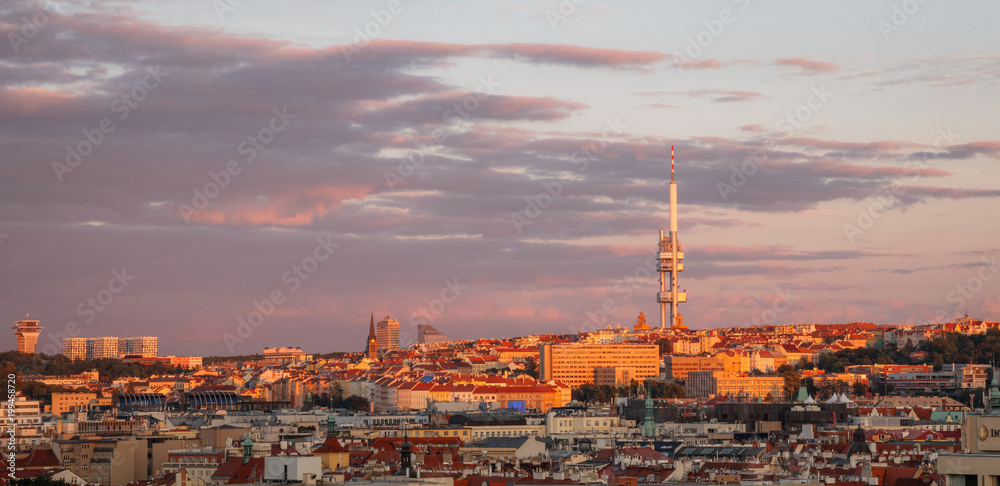 Beautiful sunset panorama view on Zizkov TV tower, Prague, Czech Republic