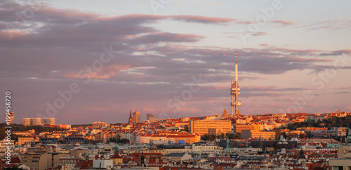 Obraz na płótnie Beautiful sunset panorama view on Zizkov TV tower, Prague, Czech Republic w salonie