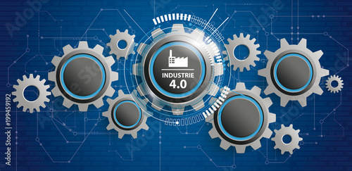 Industrie 4.0 Banner mit Zahnrädern auf blauen Platine