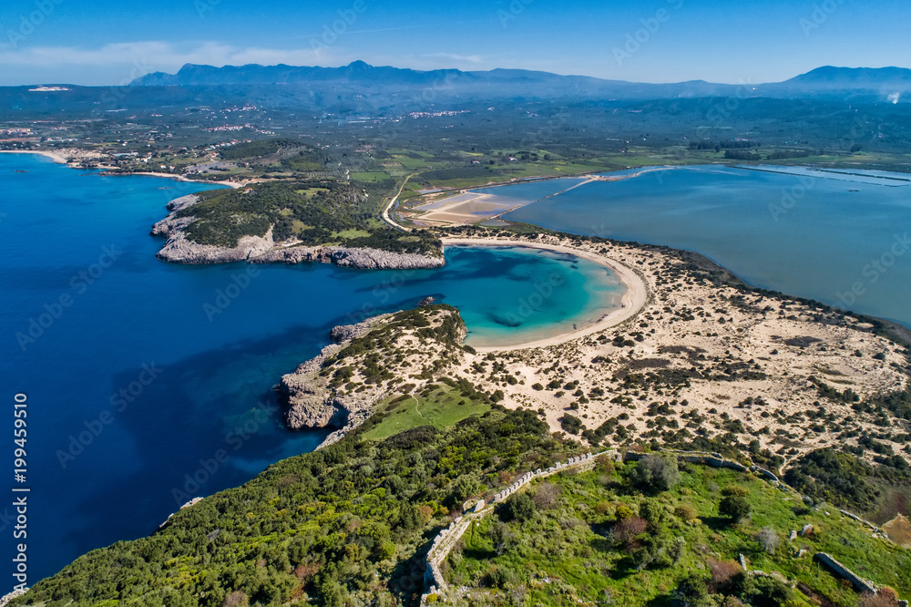 Panoramic aerial view of voidokilia beach, one of the best beaches in mediterranean Europe, beautiful lagoon of Voidokilia from a high point of view, Messinia, Greece