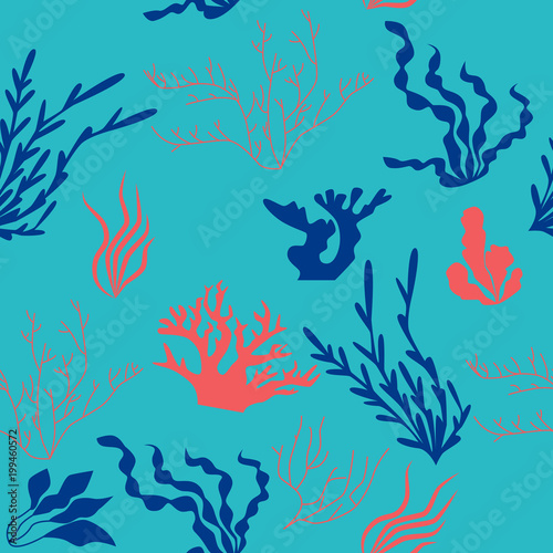 Seamless pattern flora of the oceans. Flat design. Vector illustration