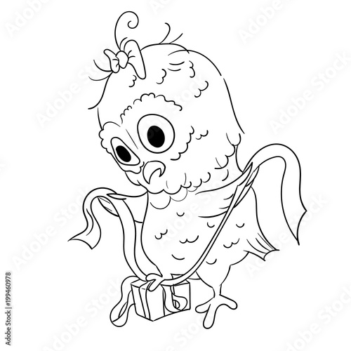 The owl, tying a bow. black and white outline children's illustration.