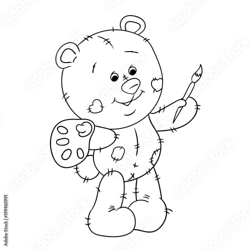 Teddy bear with a brush. black and white outline. postcard coloring.