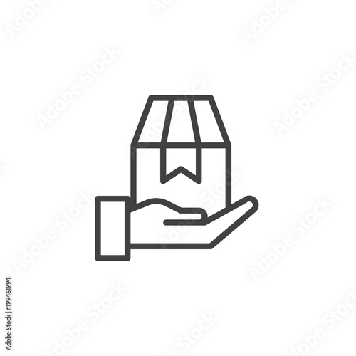 Hand holding gift box outline icon. linear style sign for mobile concept and web design. Hands give parcel box simple line vector icon. Symbol, logo illustration. Pixel perfect vector graphics