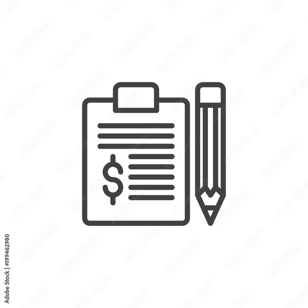 Finance money page and pen outline icon. linear style sign for mobile concept and web design. Banking document dollar simple line vector icon. Symbol, logo illustration. Pixel perfect vector graphics Finance money page and pen outline icon. linear style sign for mobile concept and web design. Banking document dollar simple line vector icon. Symbol, logo illustration. Pixel perfect vector graphics