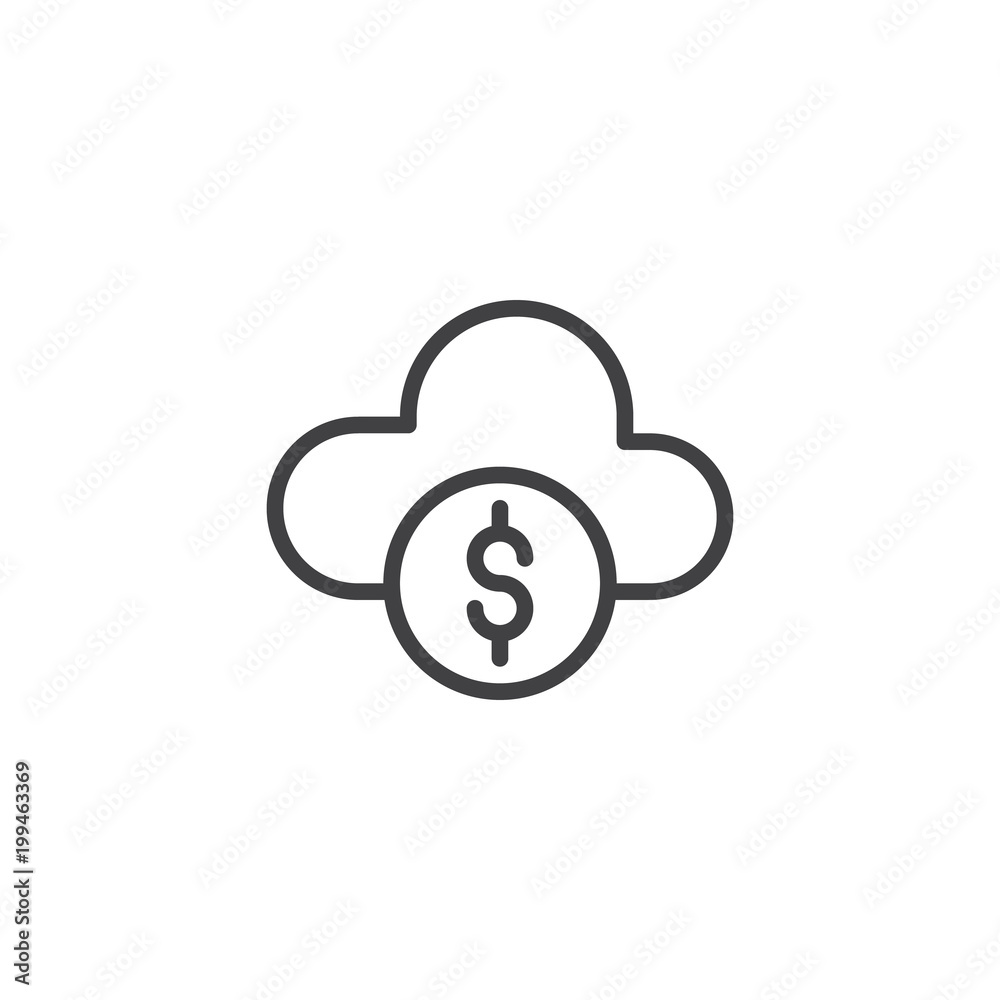 Cloud money outline icon. linear style sign for mobile concept and web design. Dollar coin and cloud simple line vector icon. Symbol, logo illustration. Pixel perfect vector graphics Cloud money outline icon. linear style sign for mobile concept and web design. Dollar coin and cloud simple line vector icon. Symbol, logo illustration. Pixel perfect vector graphics