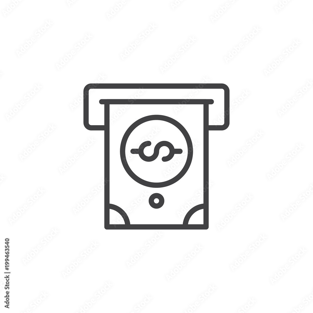 ATM and dollar money outline icon. linear style sign for mobile concept and web design. Cash dispenser simple line vector icon. Symbol, logo illustration. Pixel perfect vector graphics
