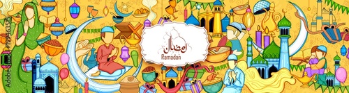 Eid Mubarak Happy Eid background for Islam religious festival on holy month of Ramazan © vectomart
