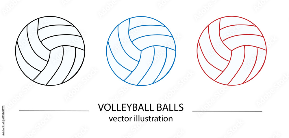 Set of black, blue and red volleyball balls on white background. Vector design. Sports, fitness, activity vector illustration. Vector elements of equipment for volleyball. Realistic color version.
