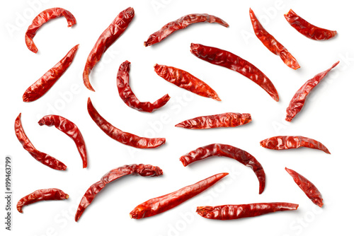 dried red chillies isolated on white, top view