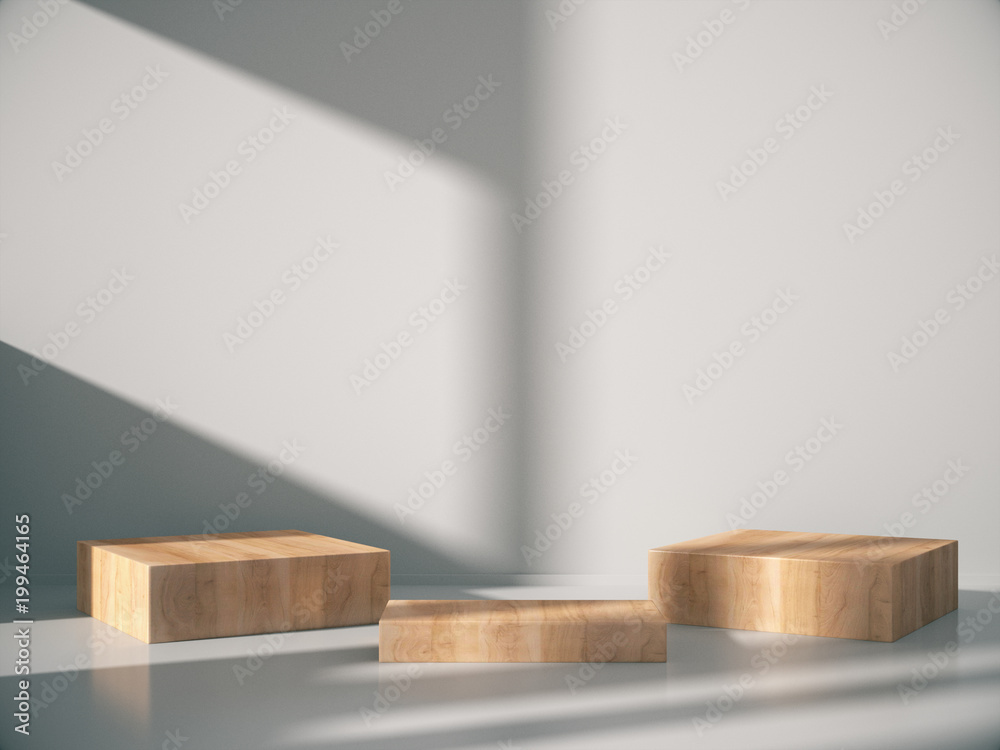 Wooden pedestal for display,Platform for design,Blank product stand with empty room.3D rendering. Wooden pedestal for display,Platform for design,Blank product stand with empty room.3D rendering.