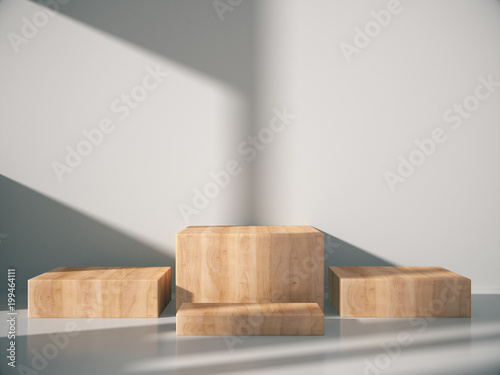 Fototapeta Naklejka Na Ścianę i Meble -  Wooden pedestal for display,Platform for design,Blank product stand with empty room.3D rendering.
