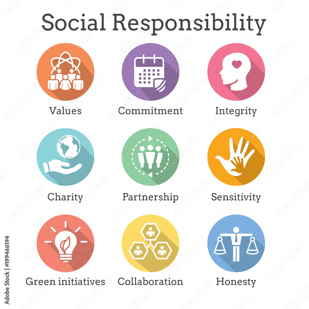 Social Responsibility Solid Icon Set w Honesty, integrity, & collaboration, etc Social Responsibility Solid Icon Set w Honesty, integrity, & collaboration, etc