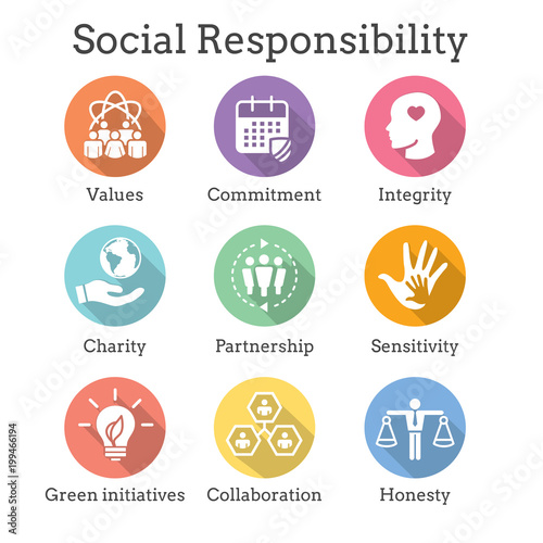 Social Responsibility Solid Icon Set w Honesty  integrity    collaboration  etc