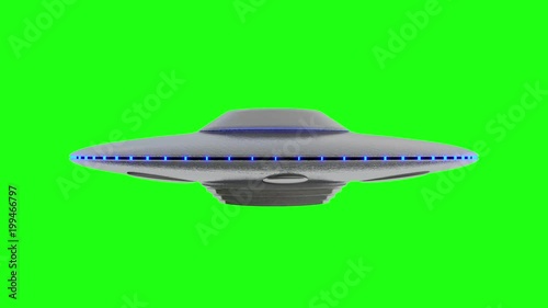 UFO - Flying Saucer with Blue lights rotating infinite repeat loop - isolated on green screen background