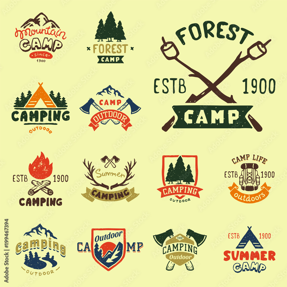 Set of vintage woods camp badges and travel logo hand drawn emblems nature mountain camp outdoor vector illustration. - obrazy, fototapety, plakaty 