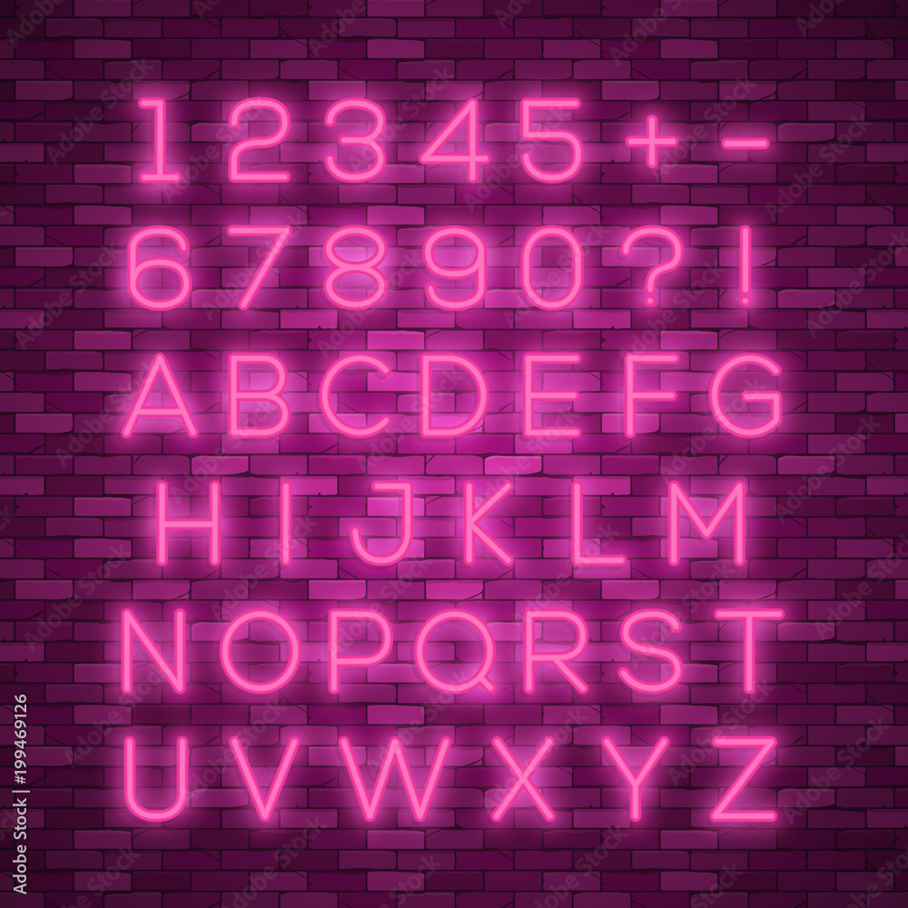Realistic neon alphabet. Bright neon glowing font Realistic neon alphabet. Bright neon glowing font