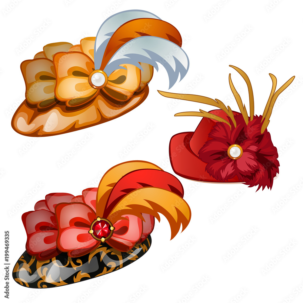 Set of classic woman hats with feathers. Vintage headdresses with lush ornaments. Image in cartoon style. Vector illustration isolated on white background