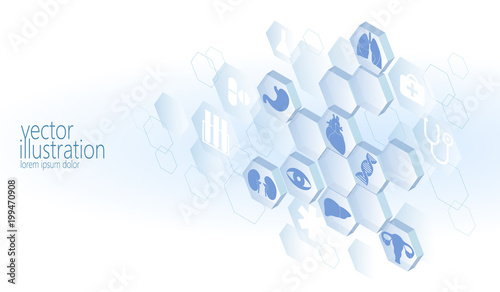 Hexagon medical flat icon set. Ambulance innovation medicine center poster business design element. Isometric 3D abstract composition blue glowing vector illustration