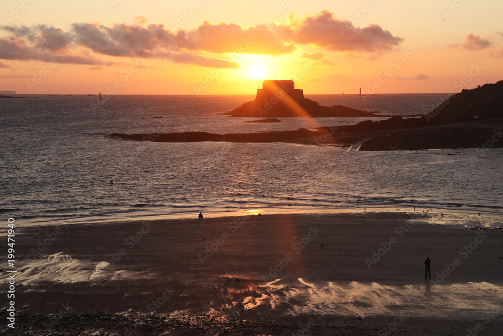 View from the town to the fort Grand Be near Saint-Malo on sunset