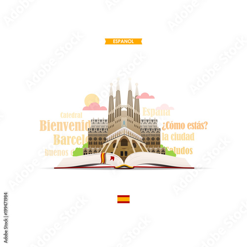 Learning spanish. Illustration with the image of an open book, cathedral and Spanish words and expressions.