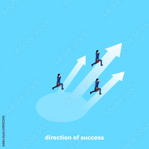 men in business suits run up to the arrows, isometric image