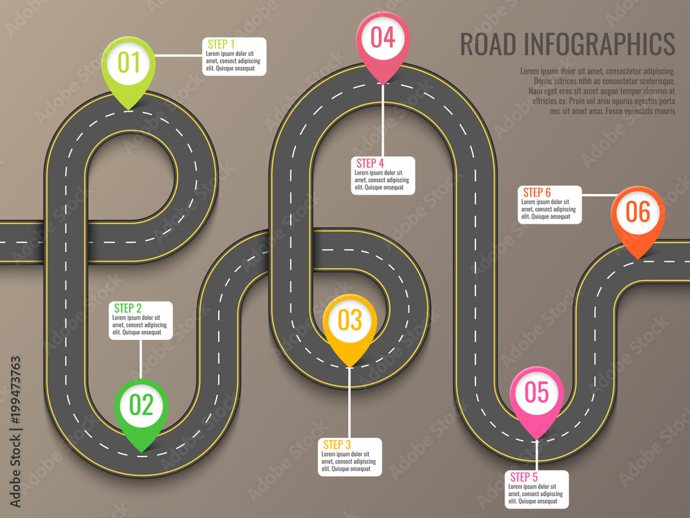 Infographics template with road map using pointers. Top view vector ...