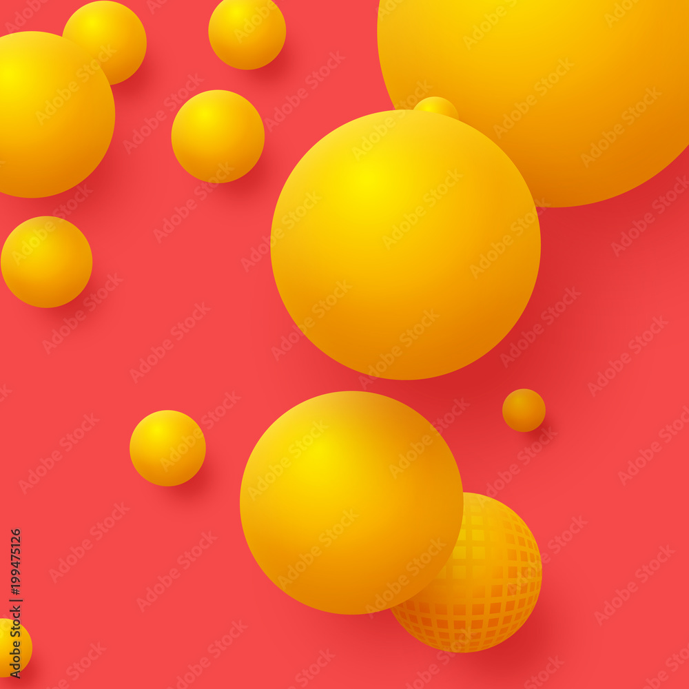 3d yellow balls on the red background. Abstract floating spheres background. Vector illustration.