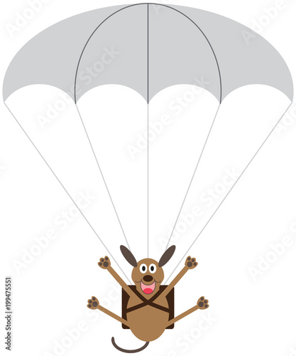 A cartoon dog is floating toward the ground with the help of a parachute