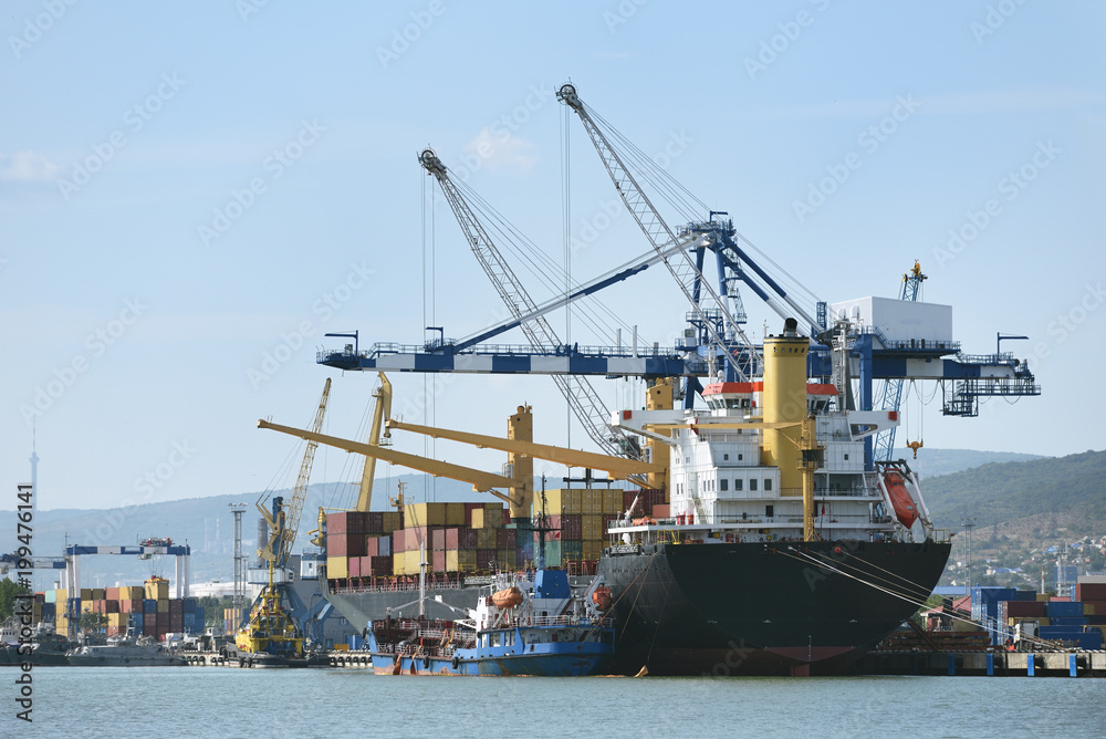 Special cranes for loading ships in the port. Special cranes in the seaport, unload container ship. Beautiful seaport in the background of mountains