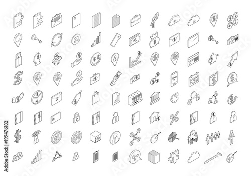 Set of Business Isometric thin line icon illustration on white background eps10