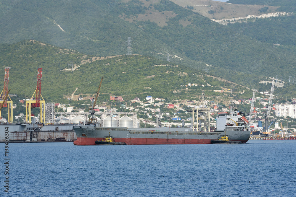Towing a cargo ship in the seaport against the backdrop of the mountains. Two tugboats accompany the cargo ship