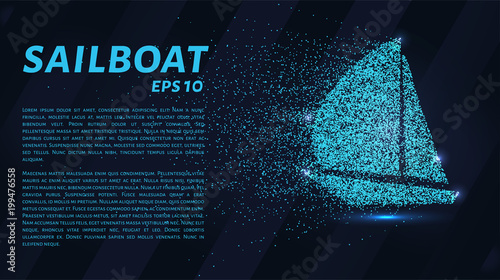 A sailing ship made of particles. The yacht consists of circles and points. Vector illustration
