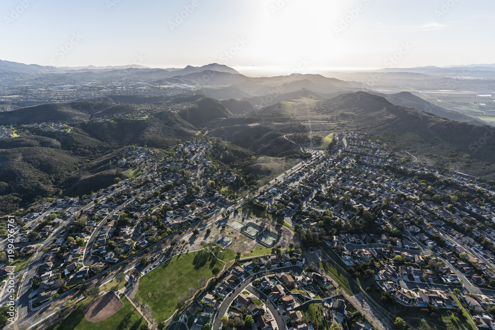 Aerial view of Lynn Ranch neighborhood and Wildwood Regional Park in suburban Thousand Oaks, California.  