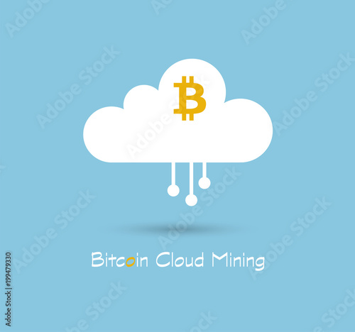 Bitcoin Cloud Mining or hashing symbol on blue sky background with text. Crypto-currency Business, technology vector illustrator logo or icon.